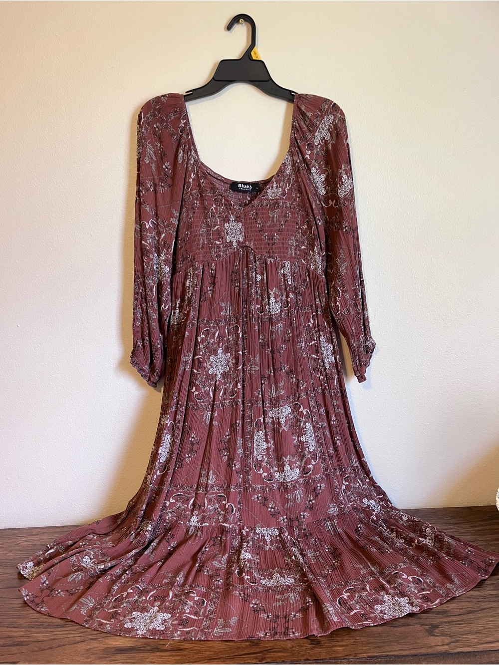 Boho Smocked Long sleeve Midi Dress in Chocolate Brown Floral Ornamental Print